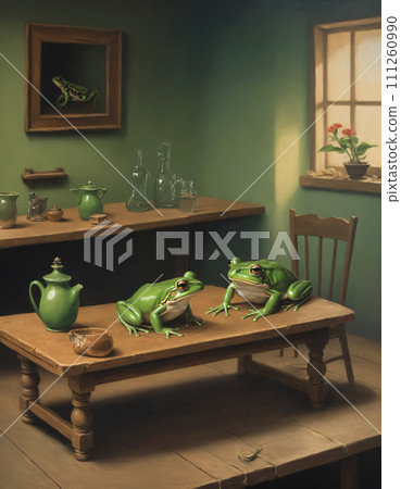 AI-generated content. Whimsical Tea Time of Frogs in Cozy Room, AI Generated 111260990
