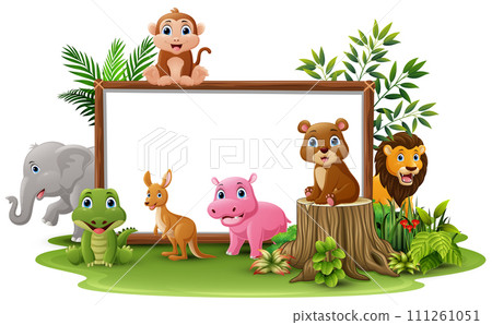 Cute wild animals cartoon with blank board Cute wild animals cartoon with blank board 111261051