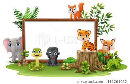 Cute wild animals cartoon with blank board 111261052
