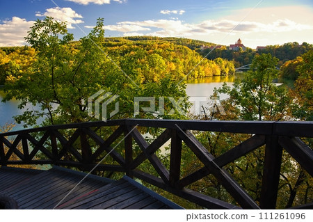 Brno Dam - Czech Republic. Beautiful Czech landscape with forests, lake and blue sky. Recreational area for sports and entertainment. Brno Dam - Czech Republic. Beautiful Czech landscape with forests, lake and blue sky. Recreational area for sports and entertainment. 111261096