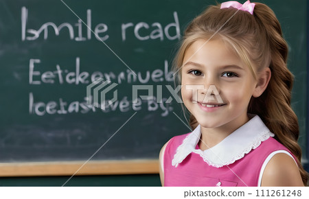 AI-generated content. little girl portrait smile, face little schoolgirl, little student educational institution, 7 years old, child kid girl sitting desk smile, team work, friends classmates, work 111261248