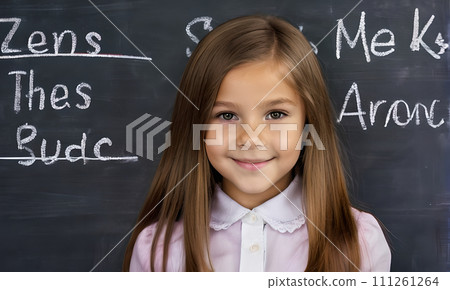 AI-generated content. little girl portrait smile, face little schoolgirl, little student educational institution, 7 years old, child kid girl sitting desk smile, team work, friends classmates, work 111261264