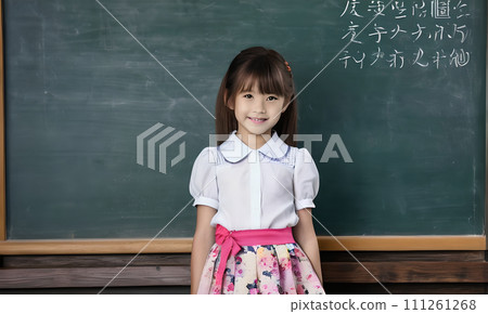 AI-generated content. little girl portrait smile, face little schoolgirl, little student educational institution, 7 years old, child kid girl sitting desk smile, team work, friends classmates, work 111261268