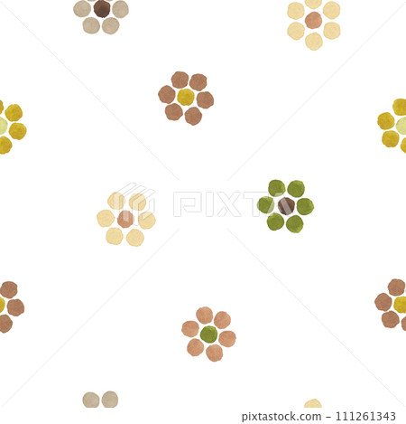 Polka Dot little Flower. Watercolor seamless Pattern. Illustration of cute baby print. Hand drawn on white isolated background. Painting of a simple random small confetti for fabric and paper 111261343