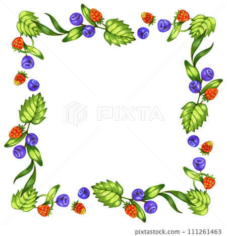 Watercolor wild berries frame. Hand drawn floral card design with natural elements: strawberry, blueberry branches and leaves. Watercolor wild berries frame. Hand drawn floral card design with natural elements: strawberry, blueberry branches and leaves. 111261463