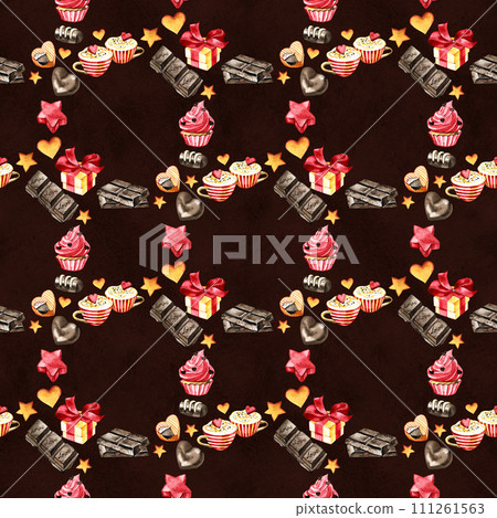 Sweet seamless pattern with chocolate. Watercolor Valentine illustration for any event decoration, black background, path included Sweet seamless pattern with chocolate. Watercolor Valentine illustration for any event decoration, black background, path included 111261563