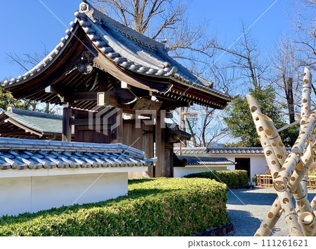 岡崎城二之丸能劇場的大門在藍天的映襯下熠熠生輝（岡崎城公園/愛知縣岡崎市） 111261621