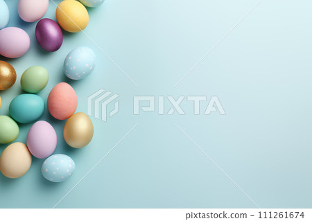 Colorful easter eggs on pastel blue color background with space. By generative Ai 111261674