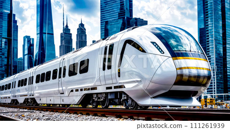 White train traveling down train tracks next to tall buildings in city 111261939