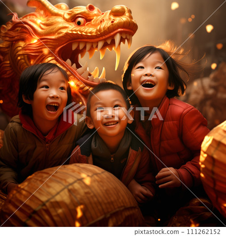 Little asian girl with red paper lanterns on Chinese New Year with dancing lion Little asian girl with red paper lanterns on Chinese New Year with dancing lion 111262152