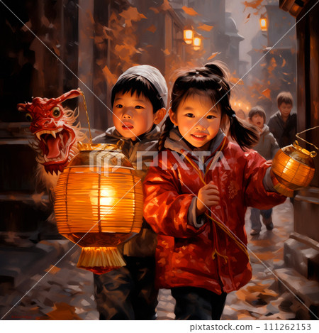 Little asian girl with red paper lanterns on Chinese New Year with dancing lion 111262153