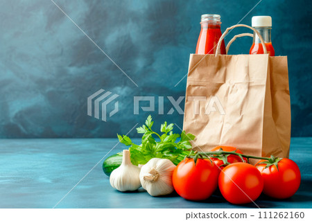 Craft brown shopping paper bag and grocery on blue background. Delivery concept 111262160