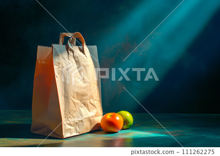 Craft brown shopping paper bag on blue background with soft Sfumato lightening. Craft brown shopping paper bag on blue background with soft Sfumato lightening. 111262275