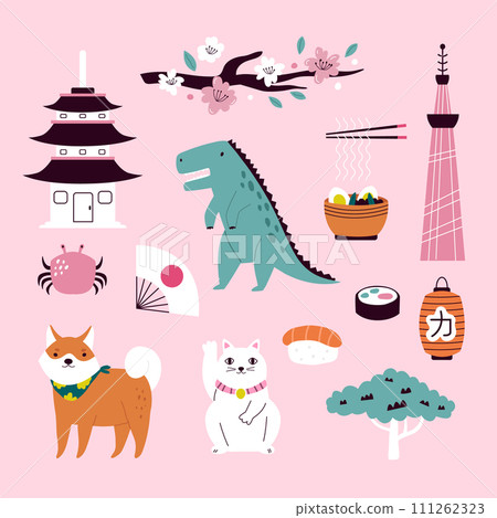 Colorful image, frame art, design with buildings, landmarks, symbols of Tokyo, Japan 111262323