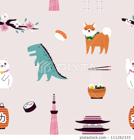 Seamless pattern with animals and symbols of Tokyo city, Japan 111262335