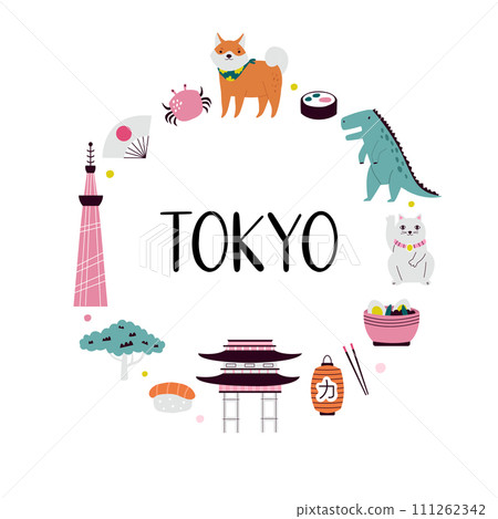 Colorful image, frame art, design with buildings, landmarks, symbols of Tokyo, Japan 111262342