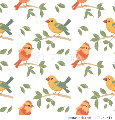 Seamless pattern, cute bright birds on tree branches on a white background. Spring illustration in flat cartoon style. Vector 111262613