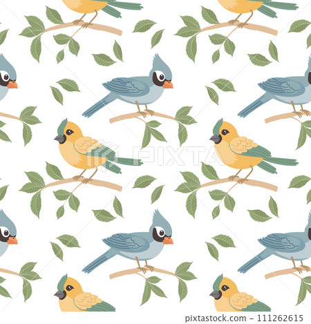 Seamless pattern, cute bright birds on tree branches on a white background. Spring illustration in flat cartoon style. Vector 111262615