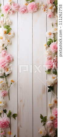 Flower arrangement placed on a white table / AI generation 111262758