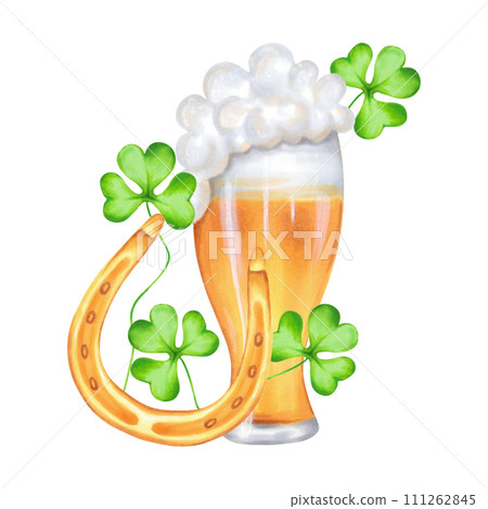 Glass of beer with golden horseshoe and shamrock clover.Watercolor and marker illustration.Clip art composition of drinking alcohol during the holidays, St. Patrick's Day.Hand drawn isolated art. Glass of beer with golden horseshoe and shamrock clover.Watercolor and marker illustration.Clip art composition of drinking alcohol during the holidays, St. Patrick's Day.Hand drawn isolated art. 111262845