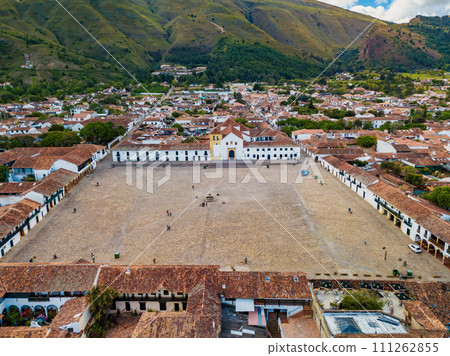 Aerial view of the Plaza Mayor, largest stone-paved square in South America, Villa de Leyva, Colombia 111262855