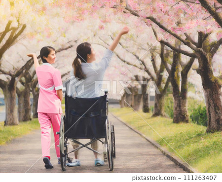 Caregiver taking a walk with a woman in a wheelchair Caregiver taking a walk with a woman in a wheelchair 111263407