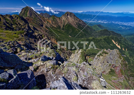 從八嶽山脈的橫嶽主峰眺望赤岳、阿彌陀山以及中央阿爾卑斯山脈。 111263632