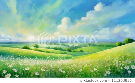 Spreading grasslands, white flower fields, and blue sky 111263935