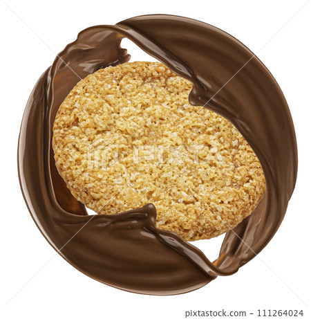 Oatmeal cookie with round chocolate splash isolated on white background with clipping path Oatmeal cookie with round chocolate splash isolated on white background with clipping path 111264024