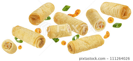 Traditional fried spring rolls with hot chili pepper sauce drops isolated on white background with clipping path Traditional fried spring rolls with hot chili pepper sauce drops isolated on white background with clipping path 111264026