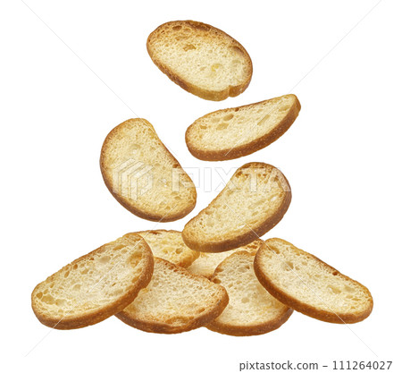 Falling bruschetta crackers, bread croutons isolated on white background, full depth of field Falling bruschetta crackers, bread croutons isolated on white background, full depth of field 111264027
