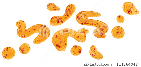 Red hot chili pepper sauce drops, sweet and sour sauce splashes isolated on white background with clipping path 111264048