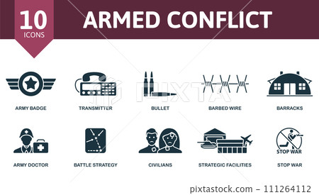 Armed conflict icon set. Creative icons: army badge, transmitter, bullet, barbed wire, barracks, army doctor, battle strategy, civilians, strategic facilities, stop war. Armed conflict icon set. Creative icons: army badge, transmitter, bullet, barbed wire, barracks, army doctor, battle strategy, civilians, strategic facilities, stop war. 111264112