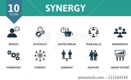 Synergy icons set. Creative icons: speech, efficiency, coffee break, team skills, workgroup, formation, synergy, harmony, support, group effort. 111264142