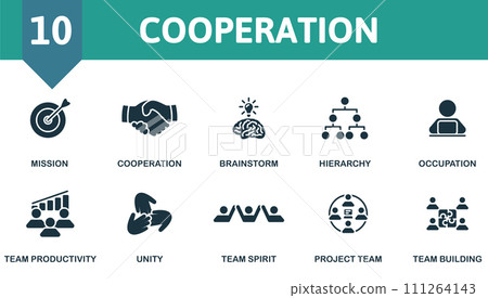 Cooperation icons set. Creative icons: mission, cooperation, brainstorm, hierarchy, occupation, team productivity, unity, team spirit, project team, team building. 111264143