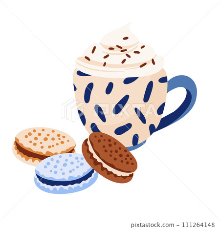 Pastel Blue and Beige Coffee Cup with Macarons. 111264148