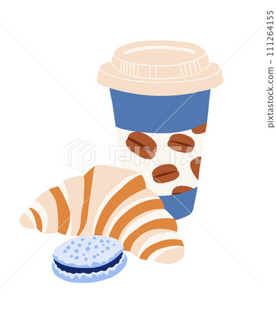 Takeaway Coffee Cup with Croissant and Macaron 111264155