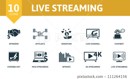 Live streaming set. Creative icons: sponsor, affiliate, donation, live channel, chatbot, chroma key, paid streaming, bitrate, 4k streaming, live streaming. 111264156