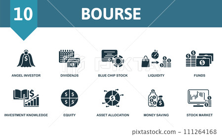 Bourse icons set. Creative icons: angel investor, dividends, blue chip stock, liquidity, funds, investment knowledge, equity, asset allocation, money saving, stock market. Bourse icons set. Creative icons: angel investor, dividends, blue chip stock, liquidity, funds, investment knowledge, equity, asset allocation, money saving, stock market. 111264168