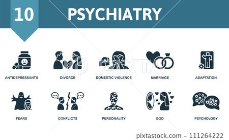 Psychiatry icons set. Creative icons: antidepressants, divorce, domestic violence, marriage, adaptation, fears, conflicts, personality, ego, psychology. 111264222