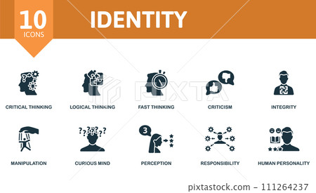 Identity icons set. Creative icons: critical thinking, logical thinking, fast thinking, criticism, integrity, manipulation, curious mind, perception, responsibility, human personality. 111264237