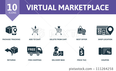 Virtual marketplace icons set. Creative icons: package tracking, add to cart, delete from cart, best offer, shop location, returns, free shipping, delivery man, price tag, coupon. 111264258