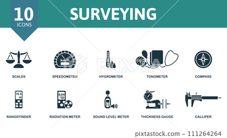 Surveying icons set. Creative icons: scales, speedometer, hygrometer, tonometer, compass, rangefinder, radiation meter, sound level meter, thickness gauge, calliper. 111264264