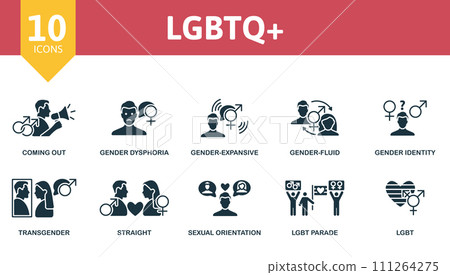 LGBTQ plus icons set. Creative icons: coming out, gender dysphoria, gender-expansive, gender-fluid, gender identity, transgender, straight, sexual orientation, lgbt parade, lgbt. 111264275