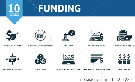 Funding icons set. Creative icons: investment risk, return of investment, decision, investing data, financial assets, investment choice, currency, investment platform, investment information 111264286