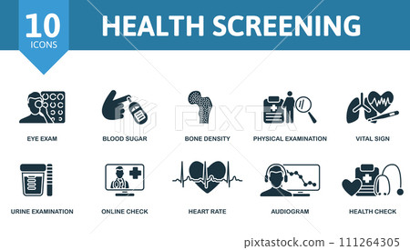 Health screening set. Creative icons: eye exam, blood sugar, bone density, physical examination, vital sign, urine examination, online check, heart rate, audiogram, health check. 111264305