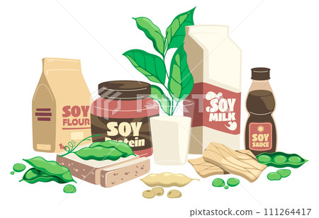Soy products composition. Cartoon healthy food with tofu tempeh soy milk soy sauce, organic vegetarian nutrition concept. Vector flat set 111264417