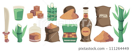 Cartoon brown cane sugar. Organic sweetener in glass jar, bag and barrel, granulated raw sugar cubes for coffee and tea. Vector isolated set Cartoon brown cane sugar. Organic sweetener in glass jar, bag and barrel, granulated raw sugar cubes for coffee and tea. Vector isolated set 111264449