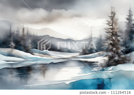 Beautiful watercolors of a winter lake between high mountains. Winter landscape in retro style. 111264516