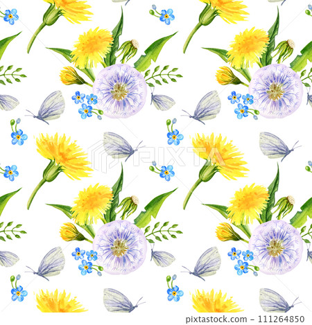 watercolor seamless pattern with summer field flowers, hand draw illustration of yellow dandelions and blow balls, leaves, herbs, butterfly and forget-me-not flower on white background watercolor seamless pattern with summer field flowers, hand draw illustration of yellow dandelions and blow balls, leaves, herbs, butterfly and forget-me-not flower on white background 111264850